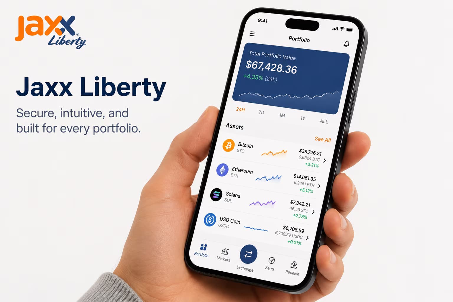 Clean crypto wallet dashboard showing portfolio view and price charts