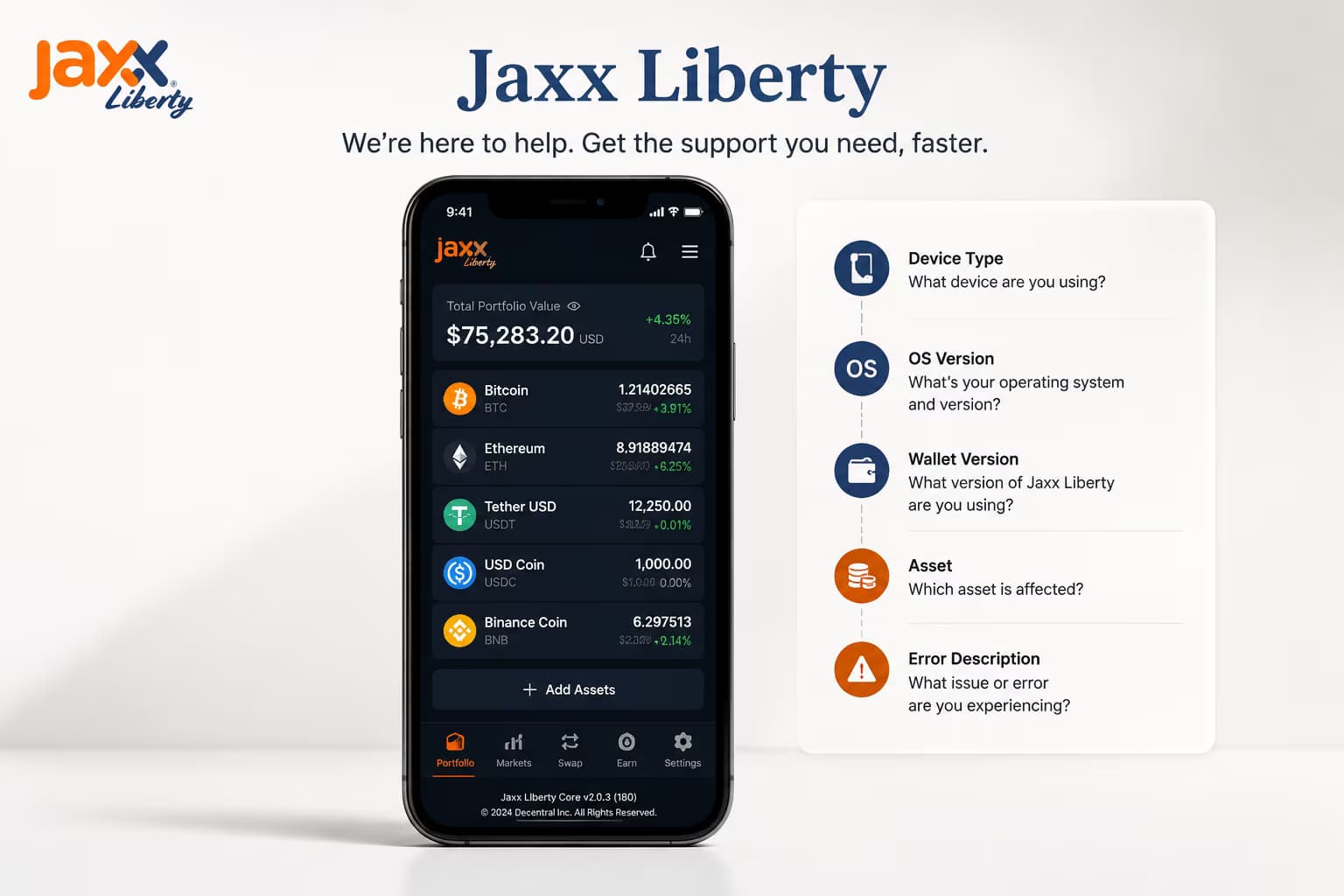 Key support details checklist shown in Jaxx Liberty wallet interface