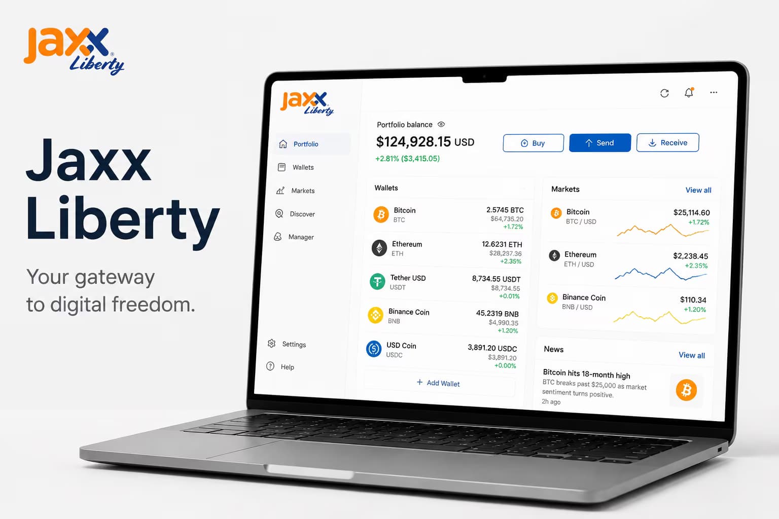 Jaxx Liberty browser wallet dashboard showing balances and asset controls