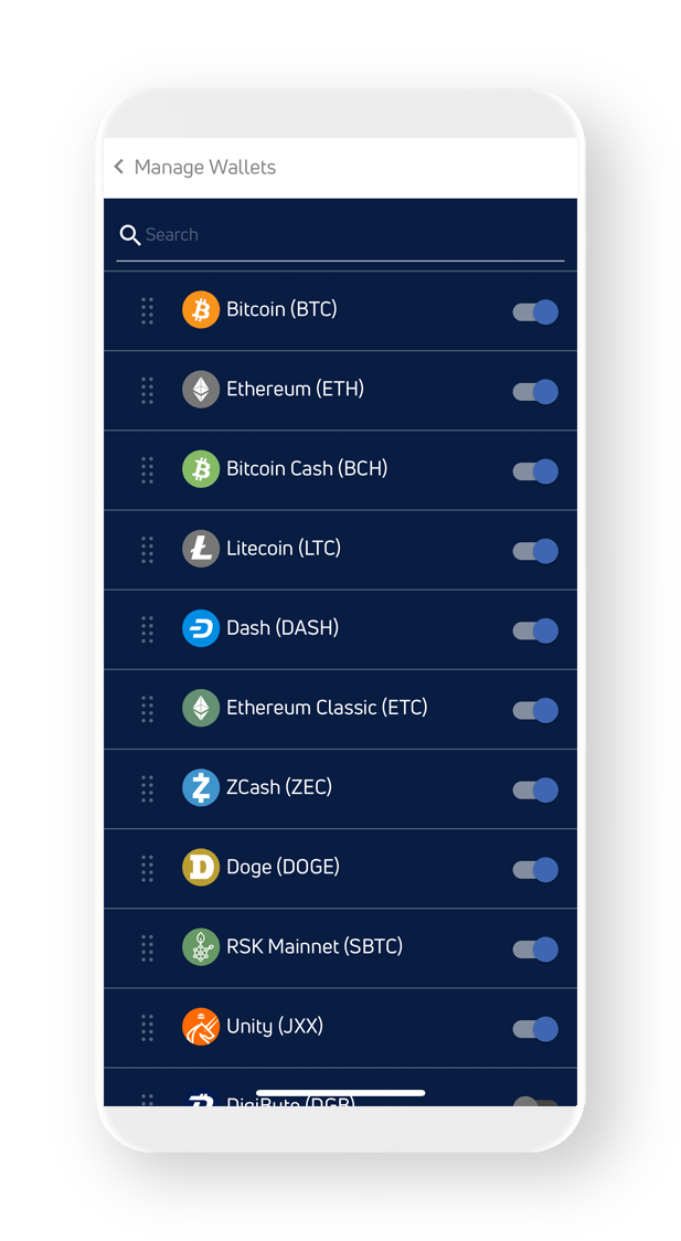 A phone displaying how Jaxx Wallet allows you to easily store, send, receive and exchange dozens of cryptocurrencies.